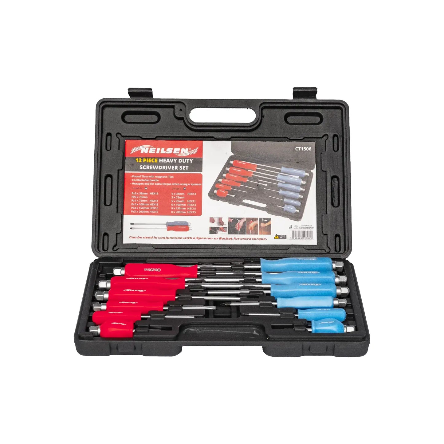 Neilsen 12 Piece Magnetic Screwdriver Set – Heavy Duty Pozi & Slotted Go-Through Drivers with Hex Tops in the box Perfect Screwdriver Set
