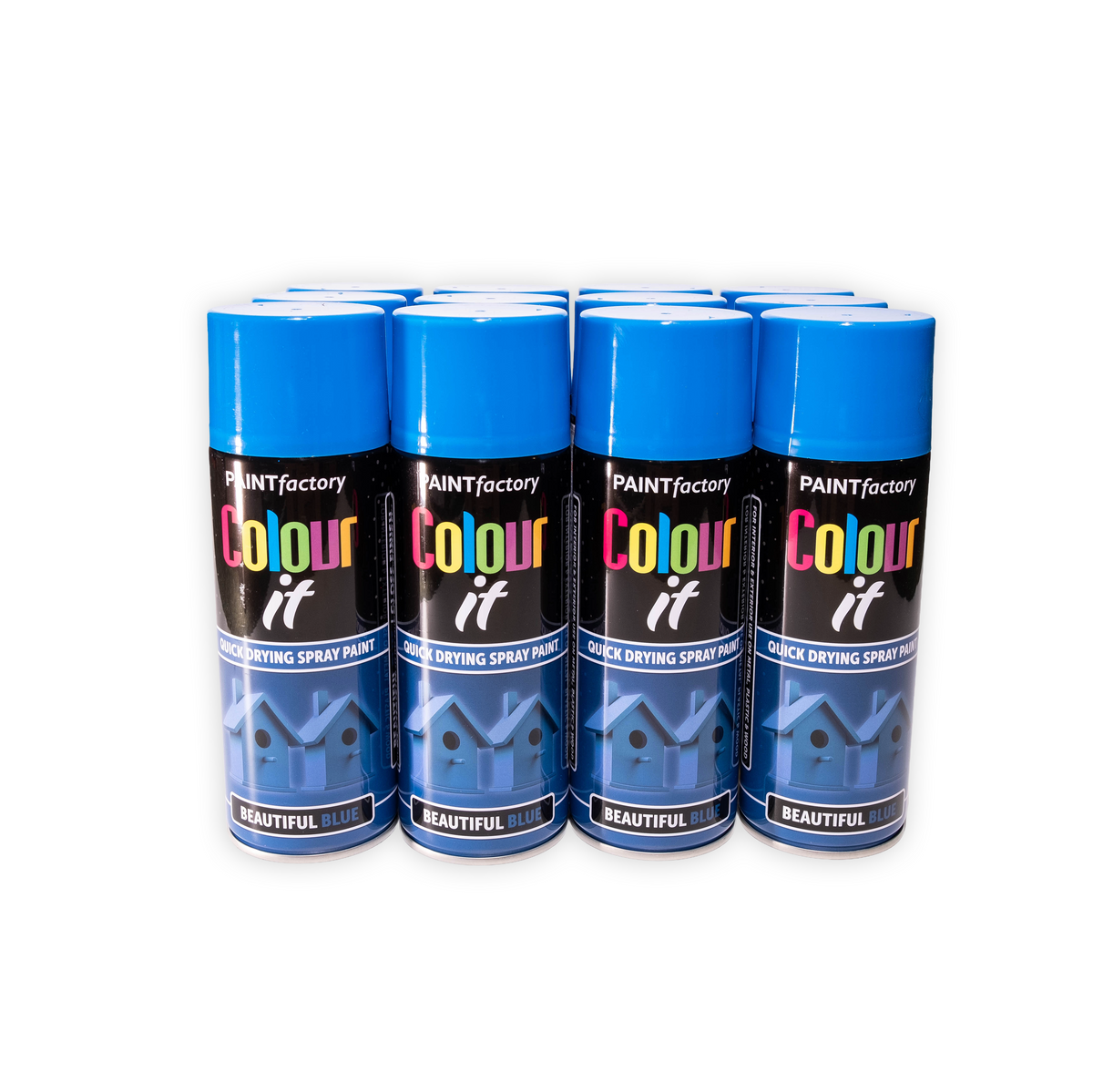 12 x Paint Factory Colour It Beautiful Blue Gloss Spray Paint 400ml Quick Dry Aerosol Paint for Wood Metal Plastic & DIY Projects