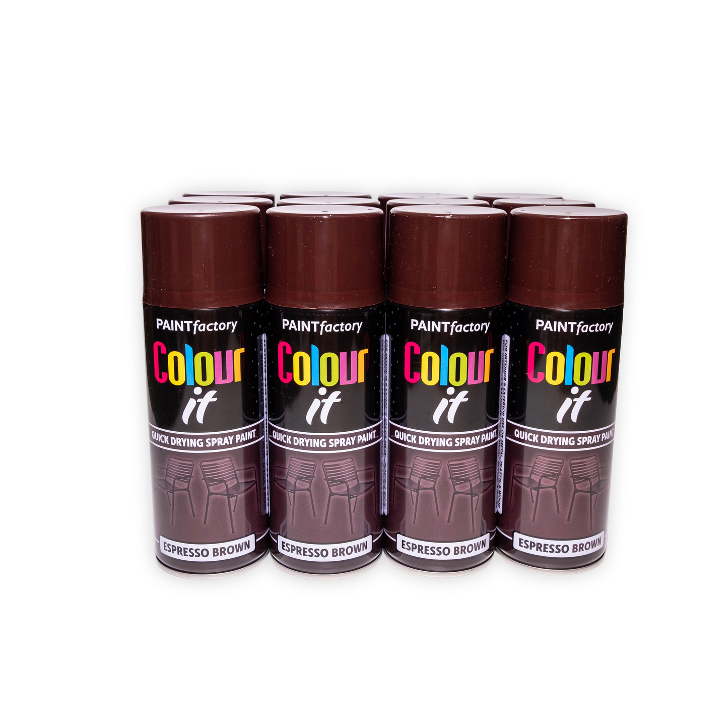 12 x Paint Factory Colour It Espresso Brown Gloss Spray Paint 400ml Quick Dry Aerosol Paint for Wood Metal Plastic & DIY Projects