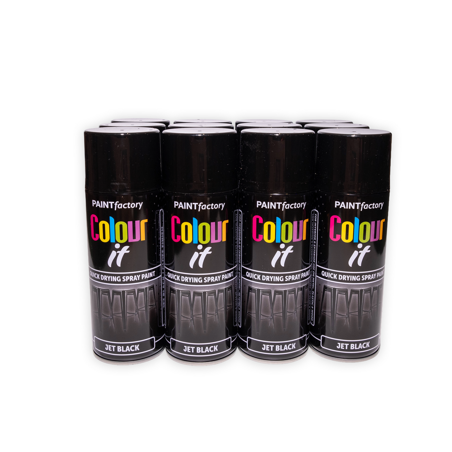 12 x Paint Factory Colour It Jet Black Gloss Spray Paint 400ml Quick Dry Aerosol Paint for Wood Metal Plastic & DIY Projects