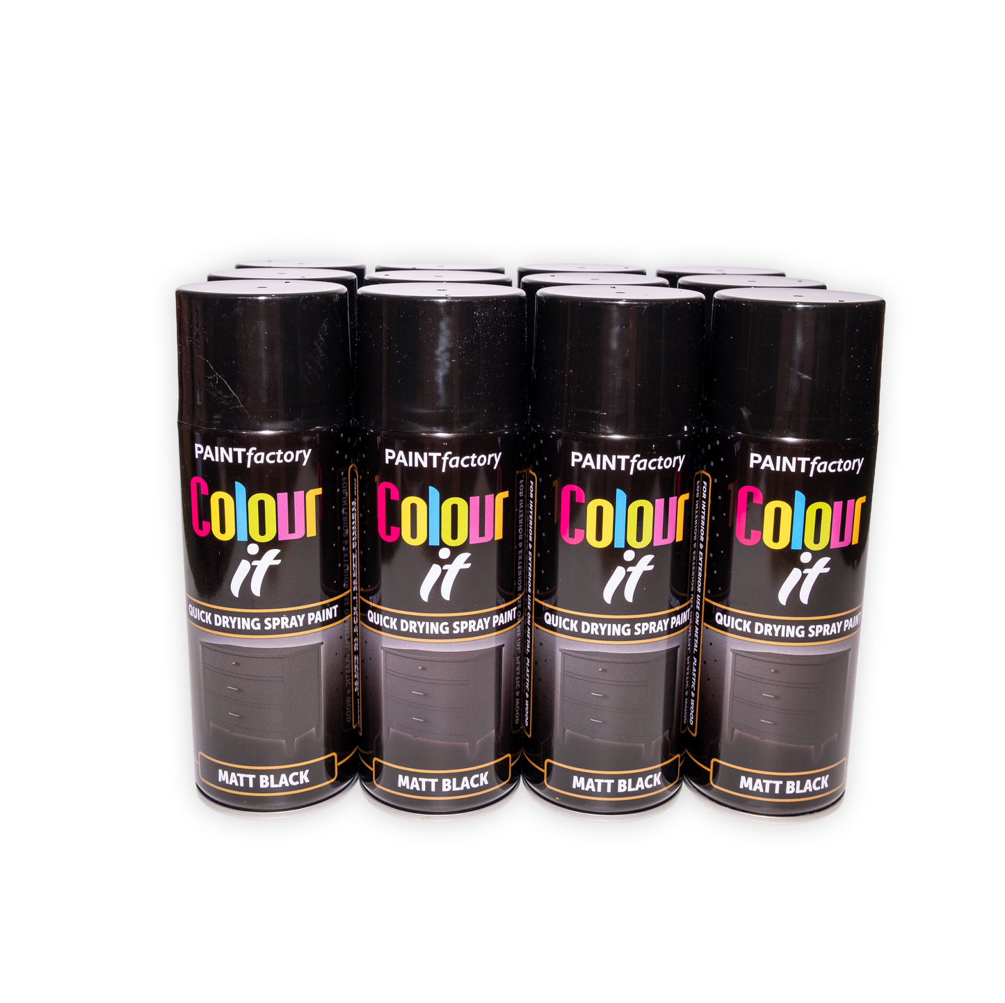 12 x Paint Factory Colour It Black Matt Spray Paint 400ml Quick Dry Aerosol Paint for Wood Metal Plastic & DIY Projects