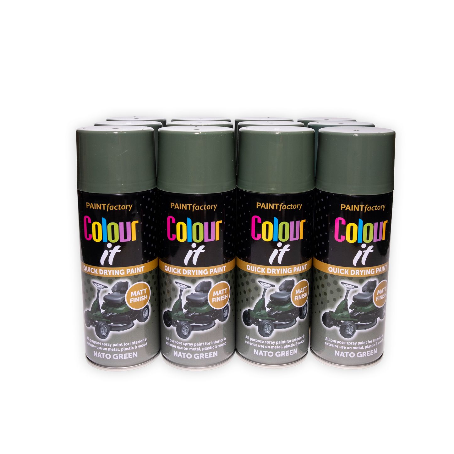 12 x Paint Factory Colour It Nato Green Matt Spray Paint 400ml Quick Dry Aerosol Paint for Wood Metal Plastic & DIY Projects
