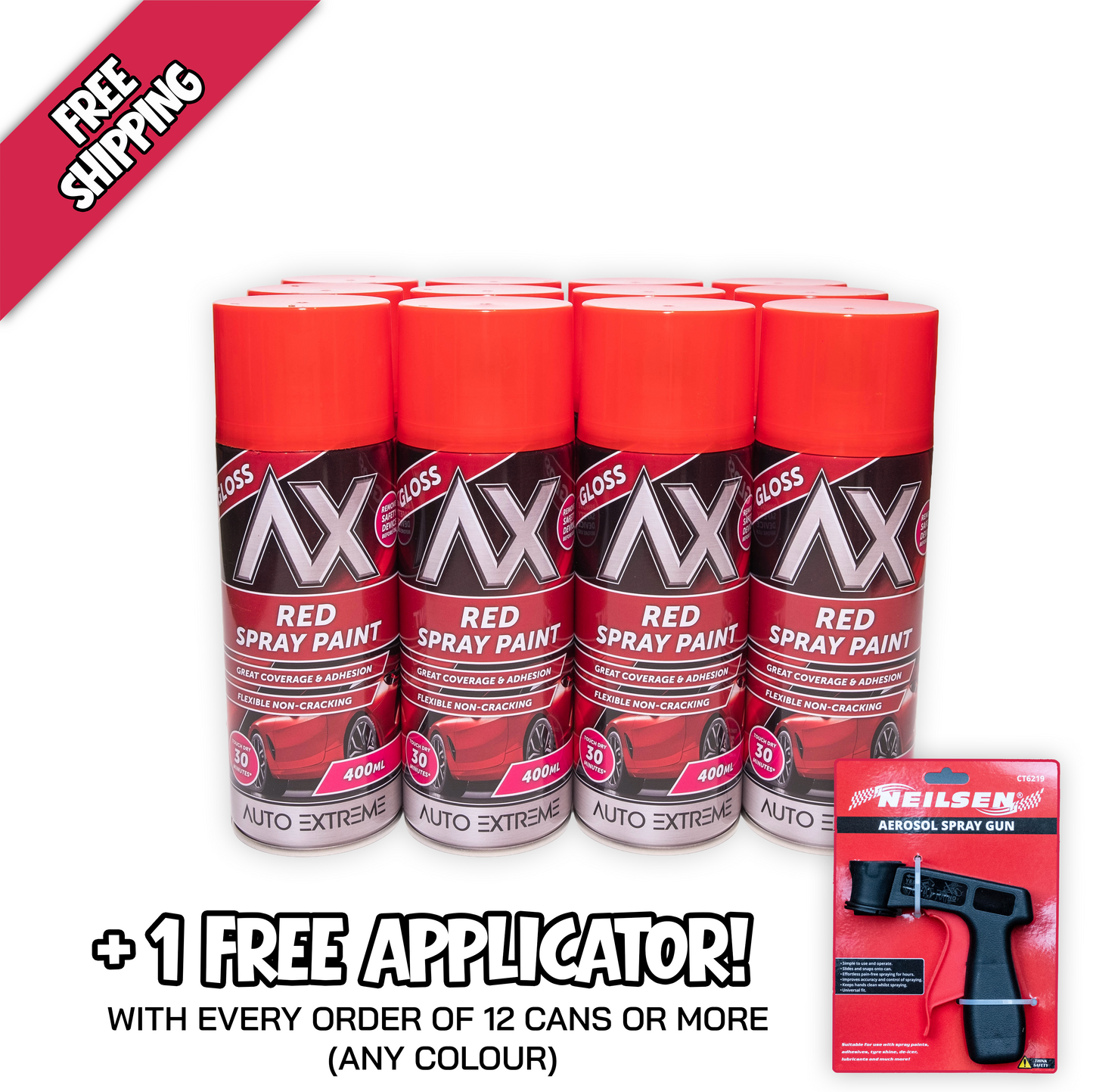 12 pack AX Pro Spray Paint Red Gloss 400ml professional aerosol paint