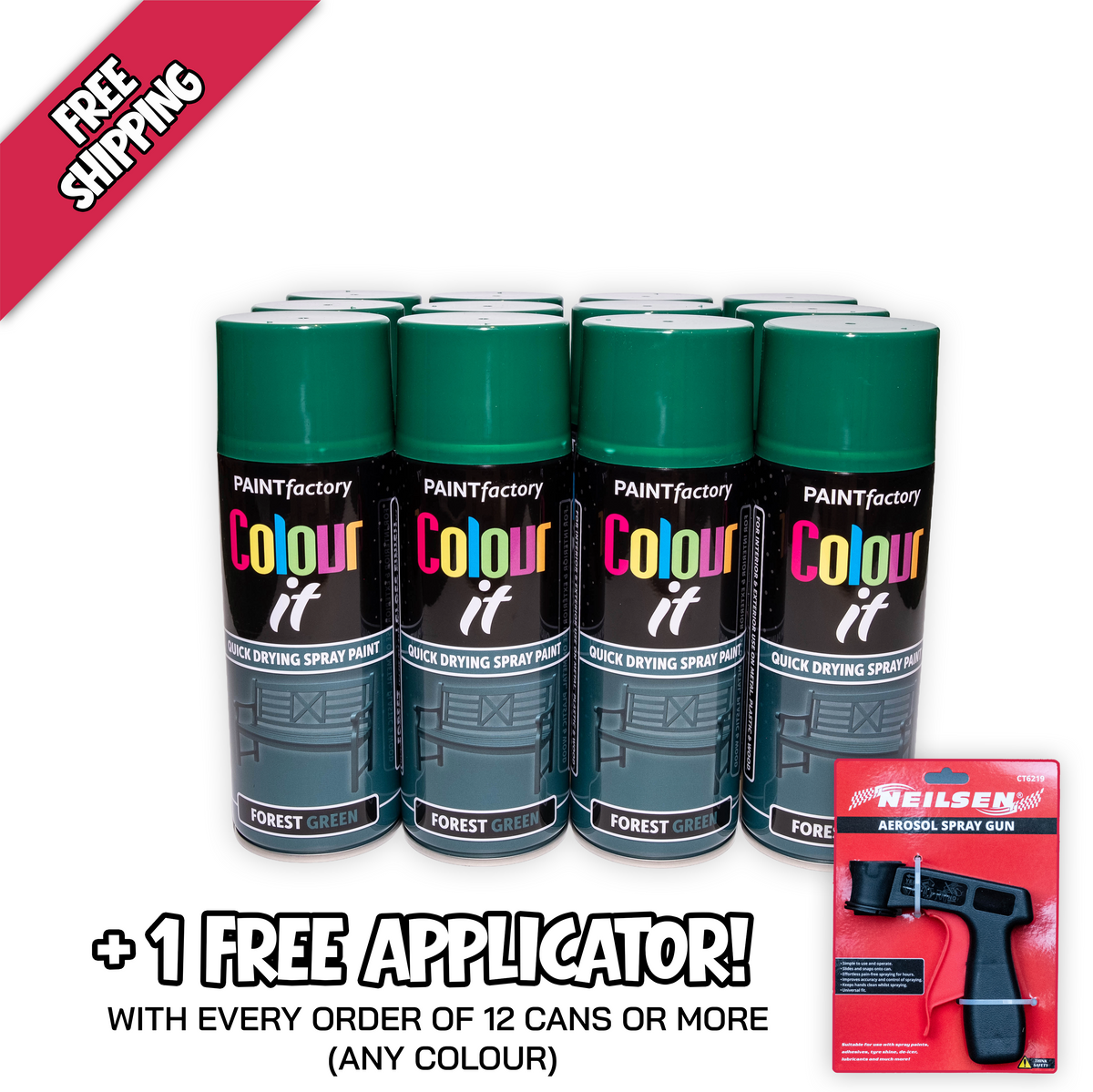 12 pack Paint Factory Colour It Forest Green Gloss Spray Paint 400ml quick drying aerosol paint