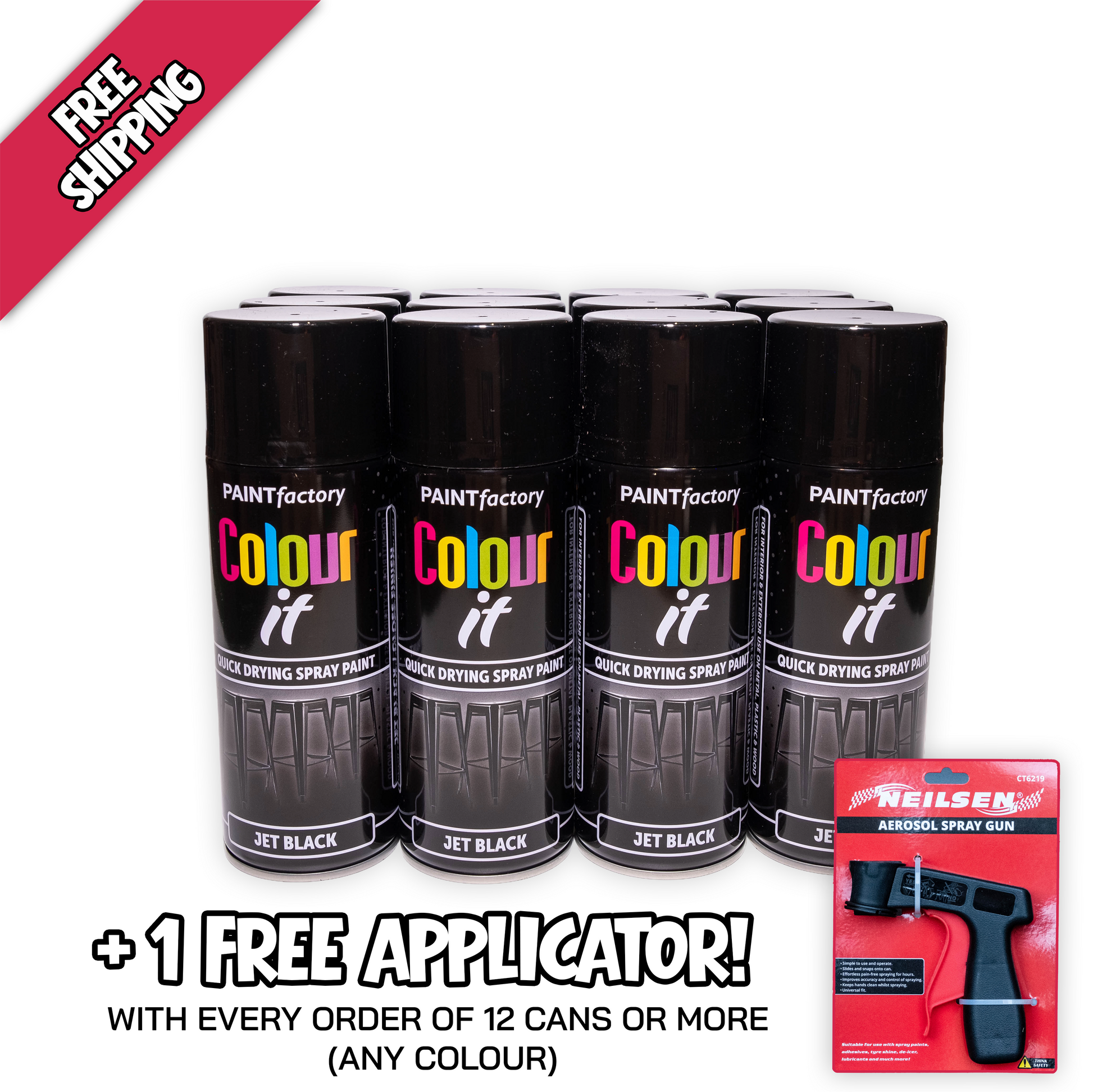 12 pack Paint Factory Colour It Jet Black Gloss Spray Paint 400ml quick drying aerosol paint
