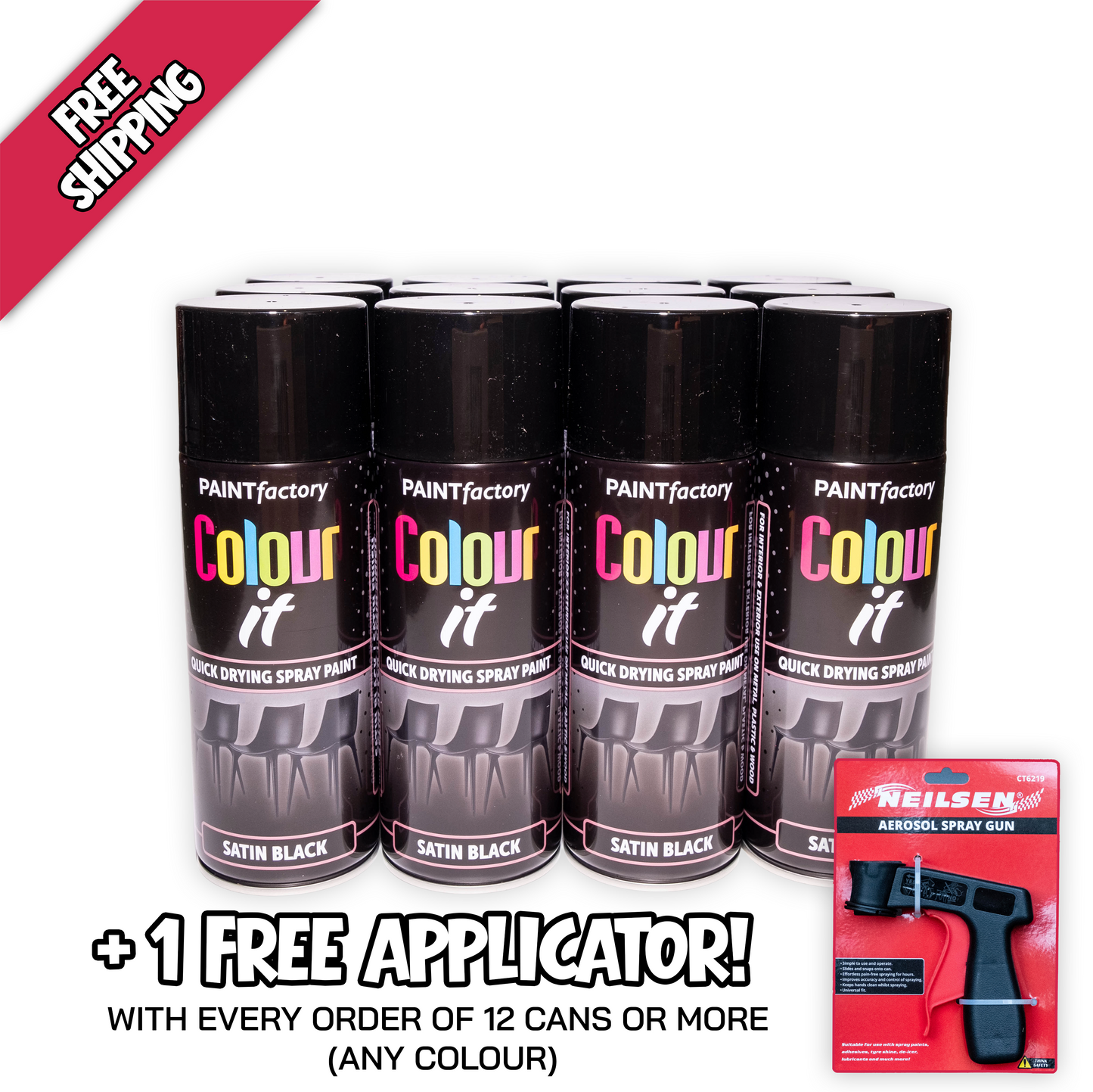 12 pack Paint Factory Colour It Satin Black Spray Paint 400ml quick drying aerosol paint