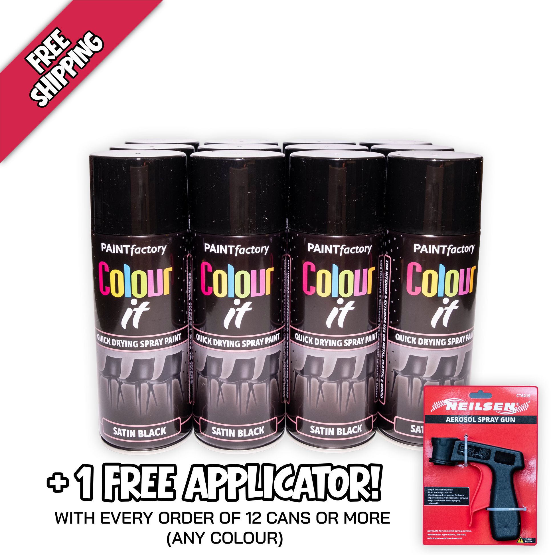 12 pack Paint Factory Colour It Satin Black Spray Paint 400ml quick drying aerosol paint
