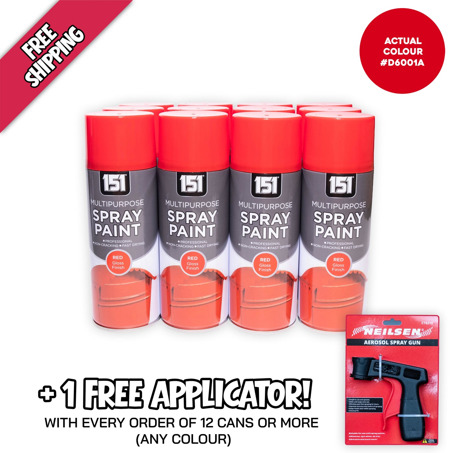 12 Pack 151 Red Gloss Spray Paint with Free Aerosol Spray Gun Applicator