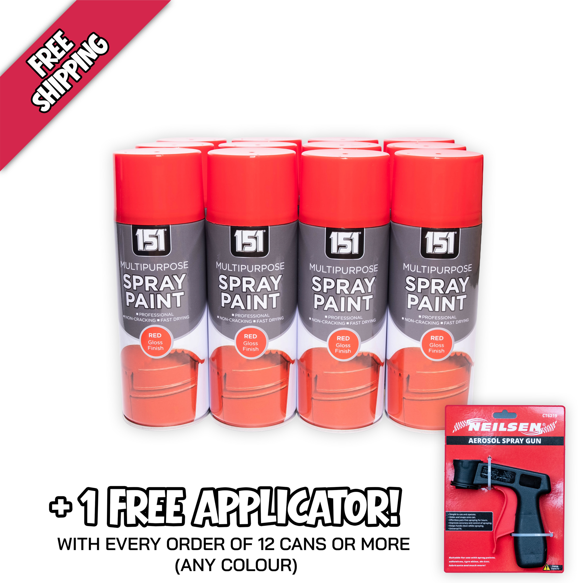 12 Pack 151 Red Gloss Spray Paint with Free Aerosol Spray Gun Applicator