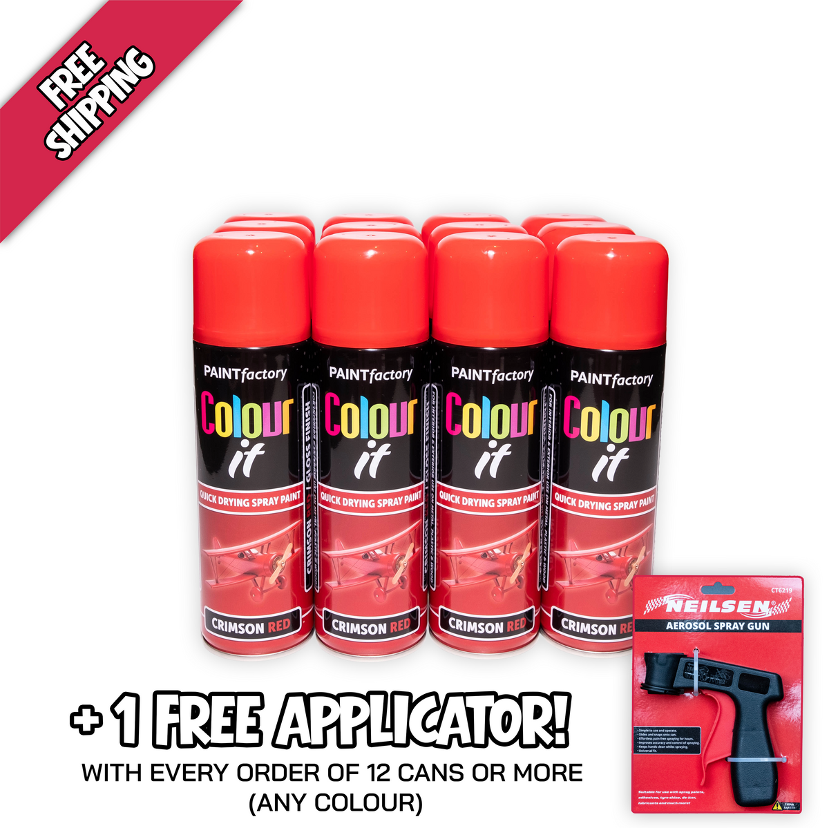 12 X Paint Factory Colour It Gloss Crimson Red Spray Paint 250ml Box of 12 Aerosol Cans