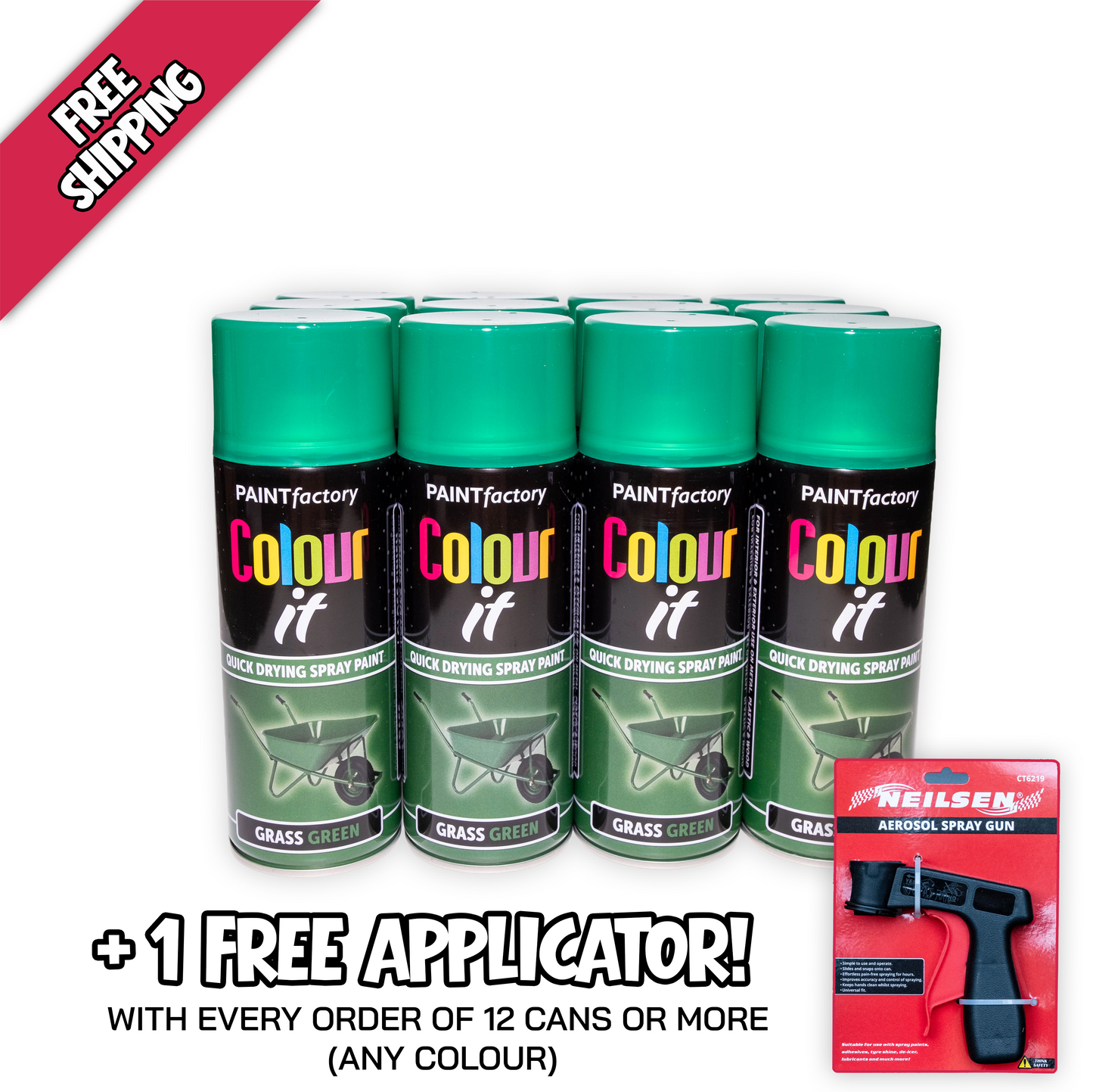 12 X Paint Factory Colour It Grass Green Gloss Spray Paint 400ml Box of 12 Aerosol Paint Cans