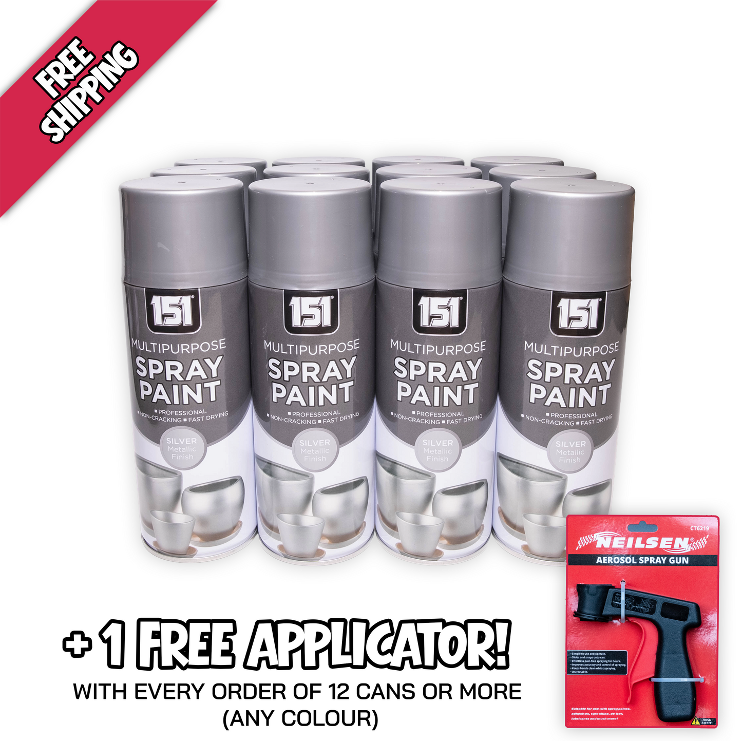 12 x 151 Metallic Silver Spray Paint 400ml with free spray paint applicator