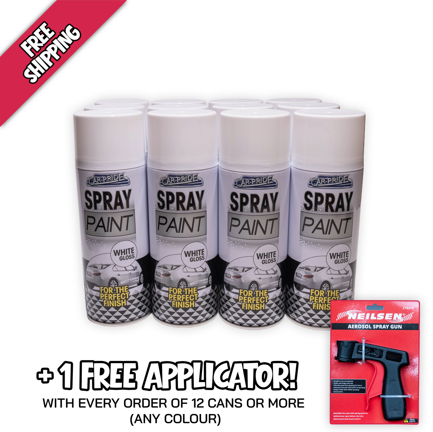 12 x Car Pride White Gloss Spray Paint 400ml with free spray paint applicator