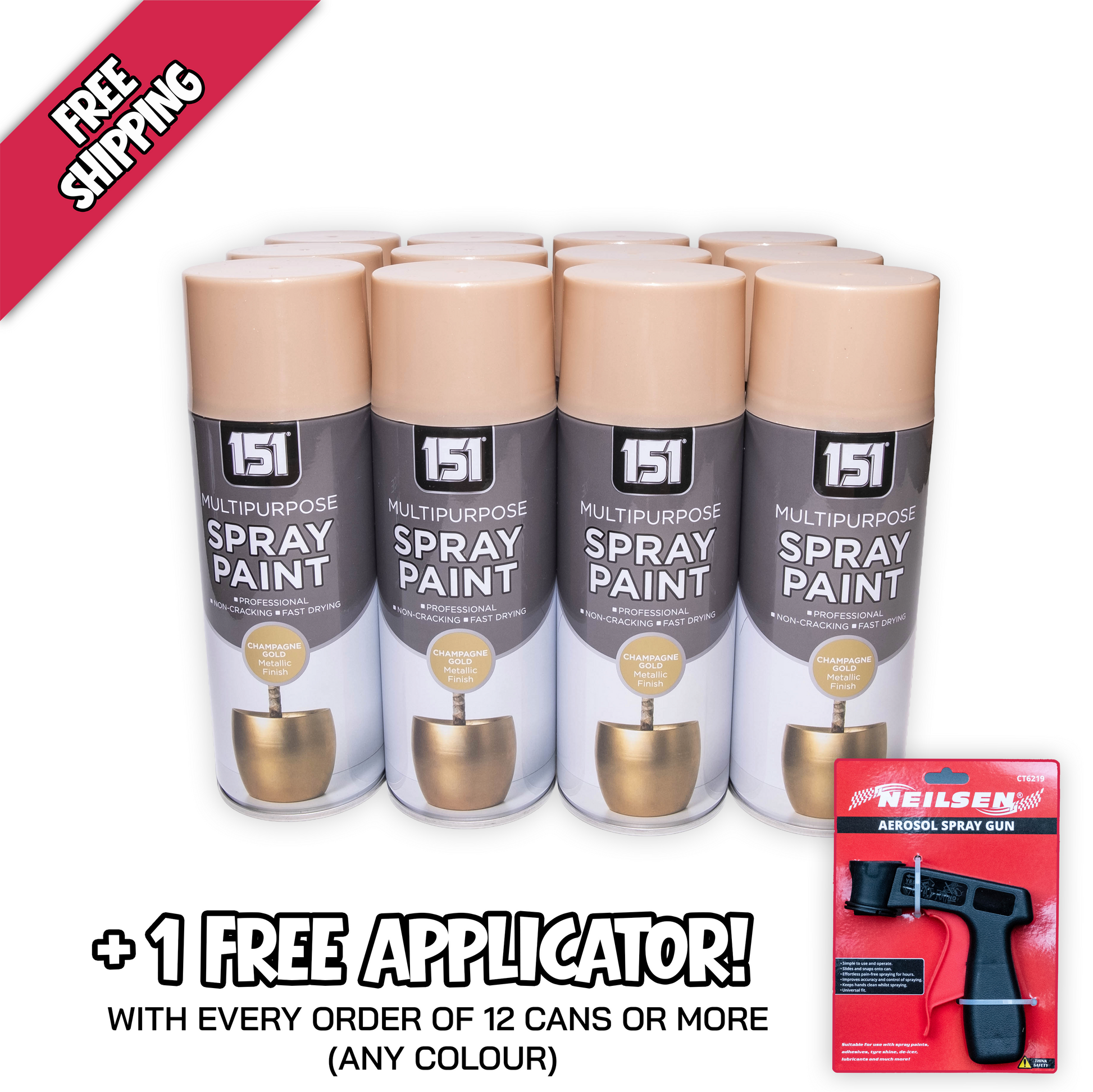 151 Champagne Gold Metallic Spray Paint 400ml bulk pack with free applicator offer