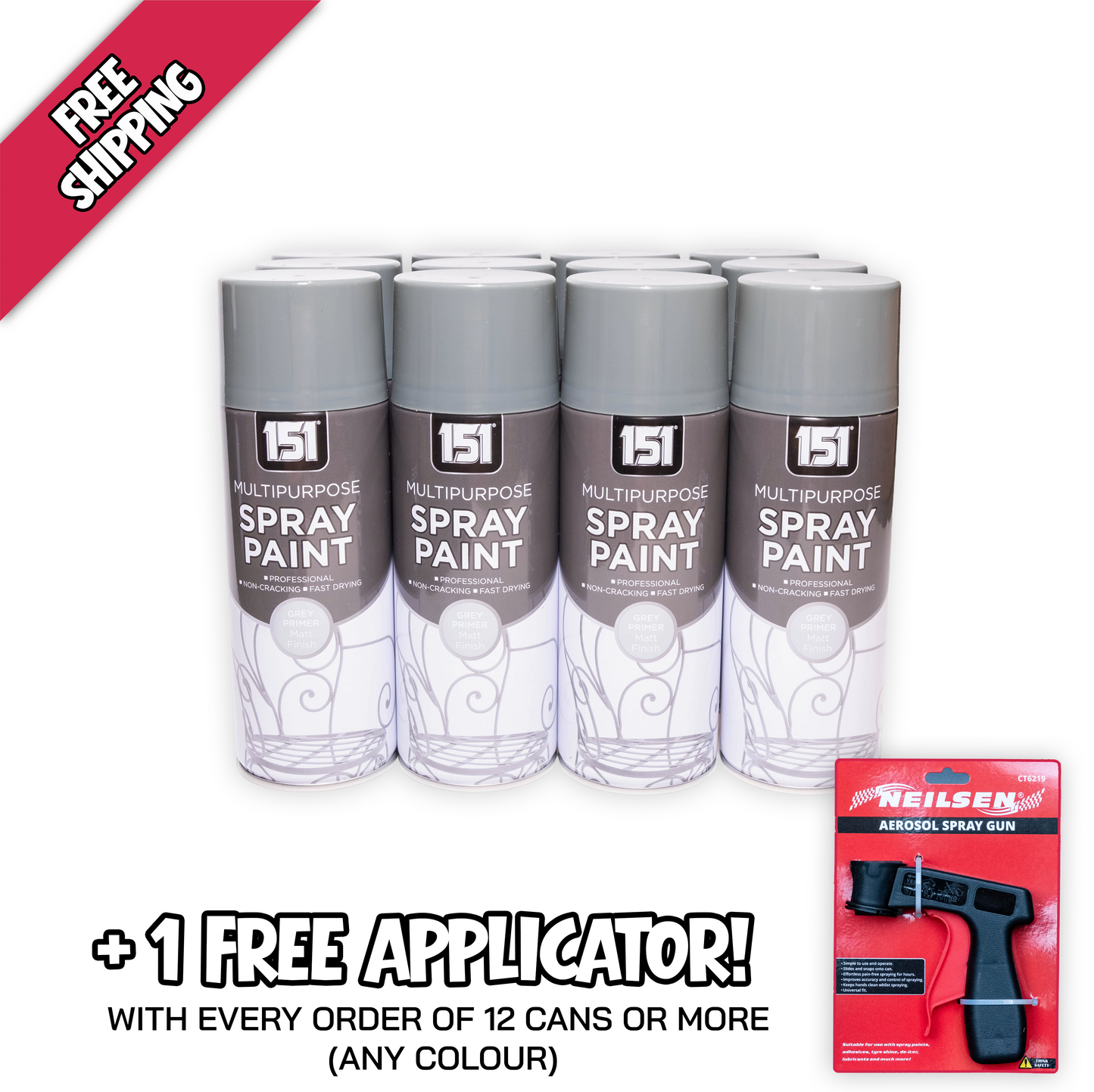 151 Grey Primer Spray Paint 400ml bulk pack with free applicator offer