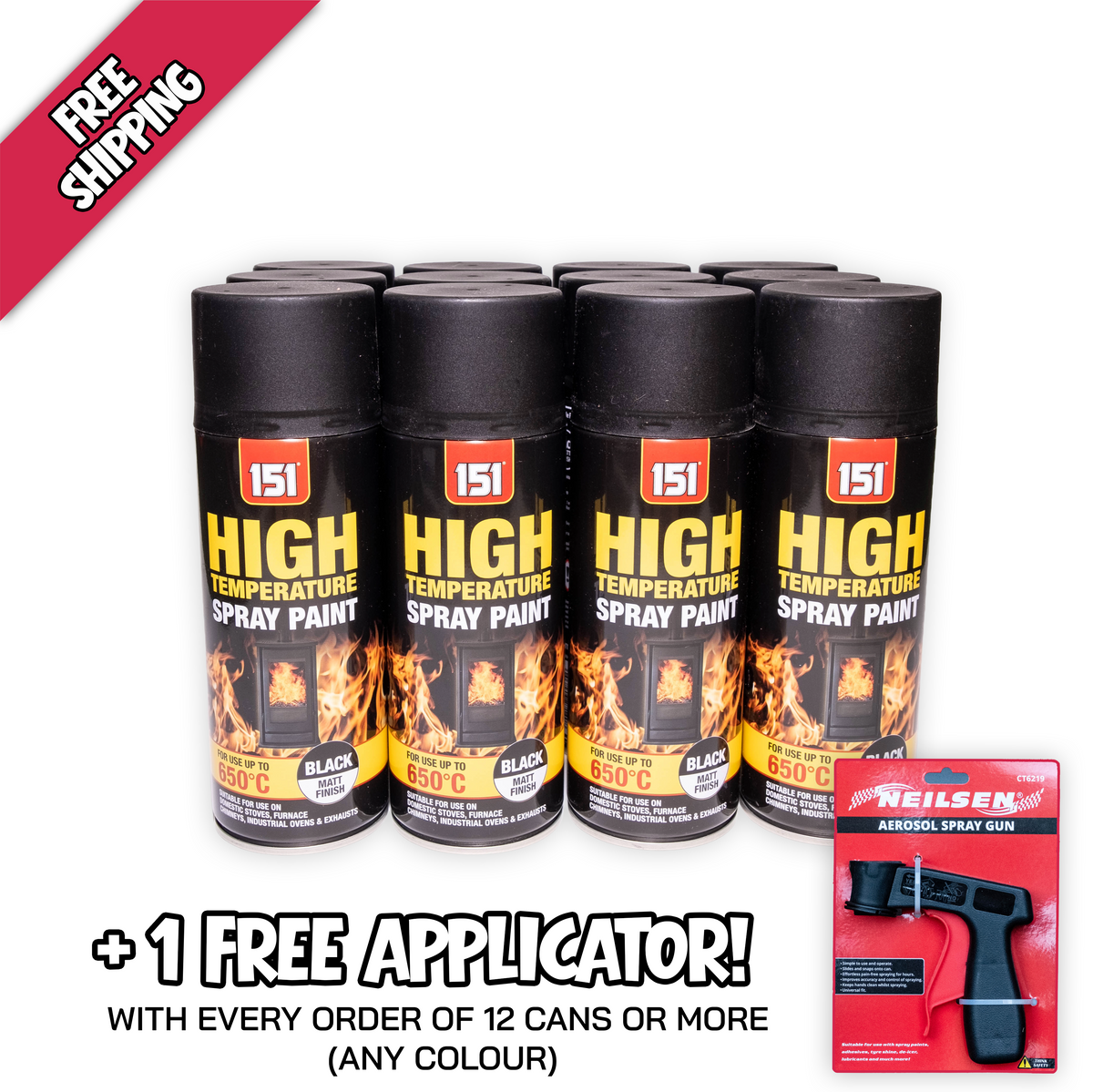12 x 151 High Temperature Black Matt Spray Paint 400ml Heat Resistant 650°C with Free Applicator