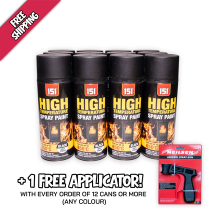 12 x 151 High Temperature Black Matt Spray Paint 400ml Heat Resistant 650°C with Free Applicator