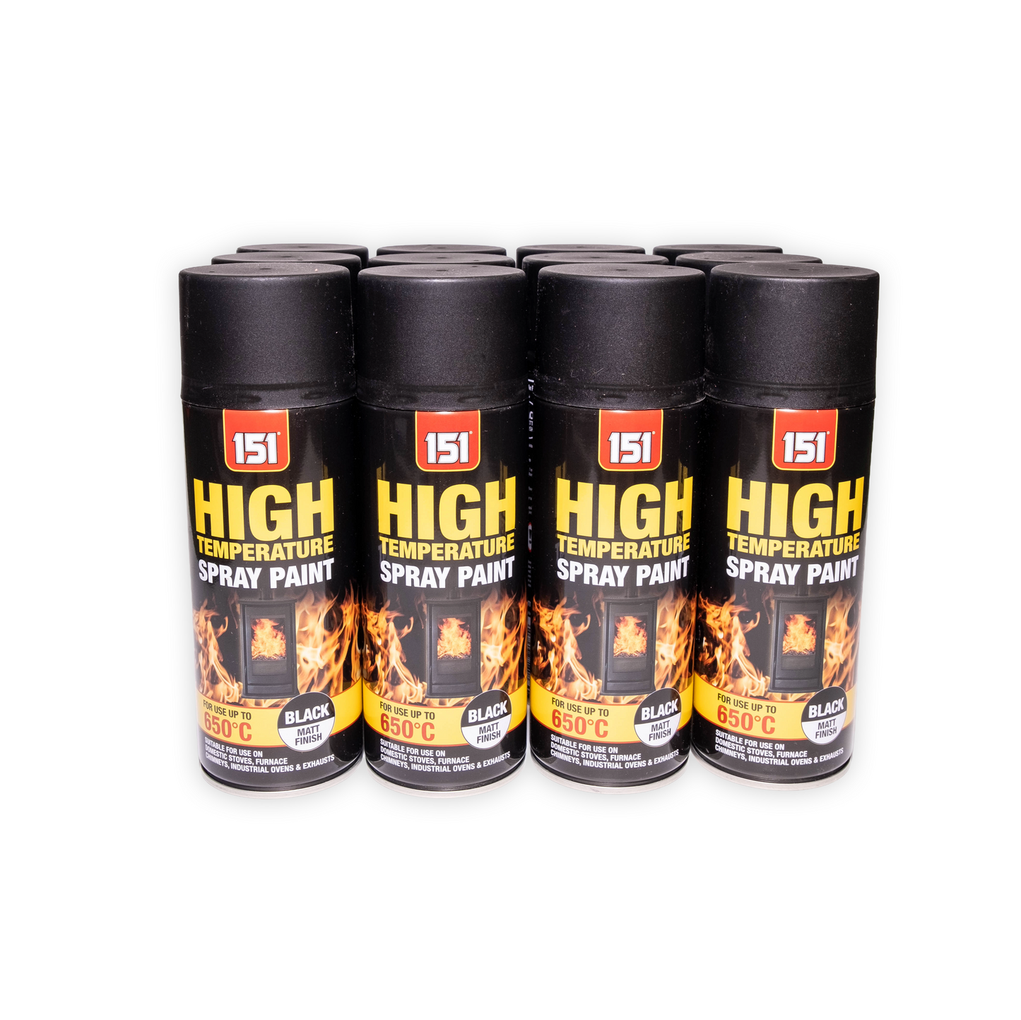 12 x 151 High Temperature Black Matt Spray Paint 400ml Heat Resistant 650°C with Free Applicator