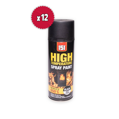 12 x 151 High Temperature Black Matt Spray Paint 400ml Heat Resistant 650°C with Free Applicator