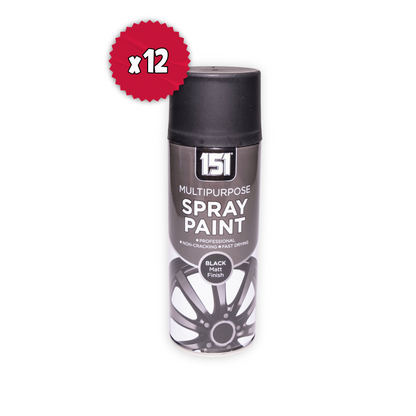 12 x 151 Black Matt Spray Paint 400ml Fast Drying Multi Purpose Aerosol Paint for Metal Wood Plastic DIY & Automotive Use