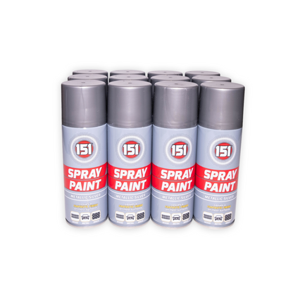[1 Box] 12 X 151 Metallic Silver Spray Paint 200ml – Quick Dry Multi-Surface Paint for Wood, Metal & Vehicles