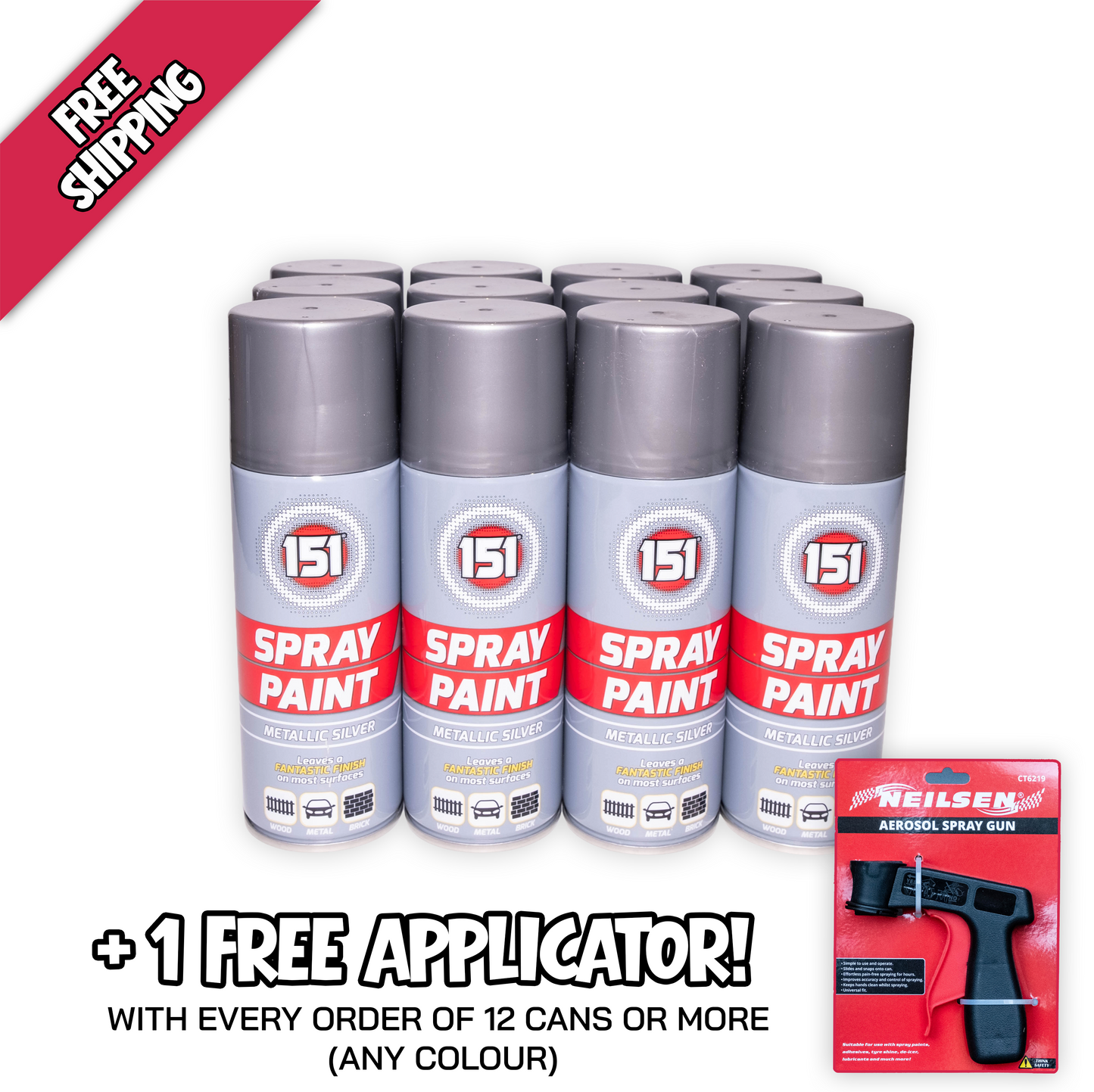 (1 Box) 12 X 151 Metallic Silver Spray Paint 200ml – Quick Dry Multi-Surface Paint for Wood, Metal & Vehicles WITH FREE APPLICATOR