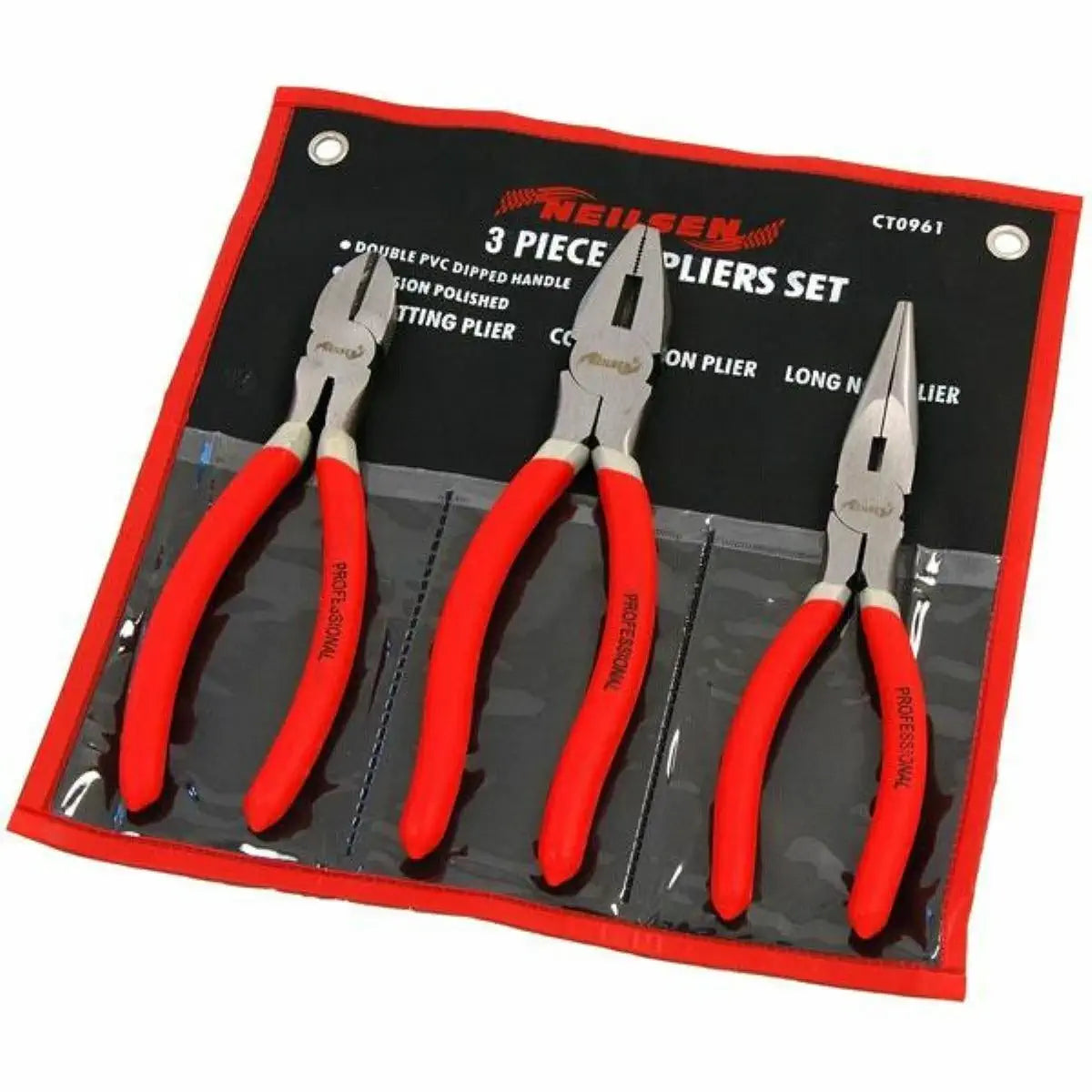 3 Piece 200mm (8") Pliers Set – Combination, Long Nose & Side Cutters with Non-Slip PVC Handles | CT0961