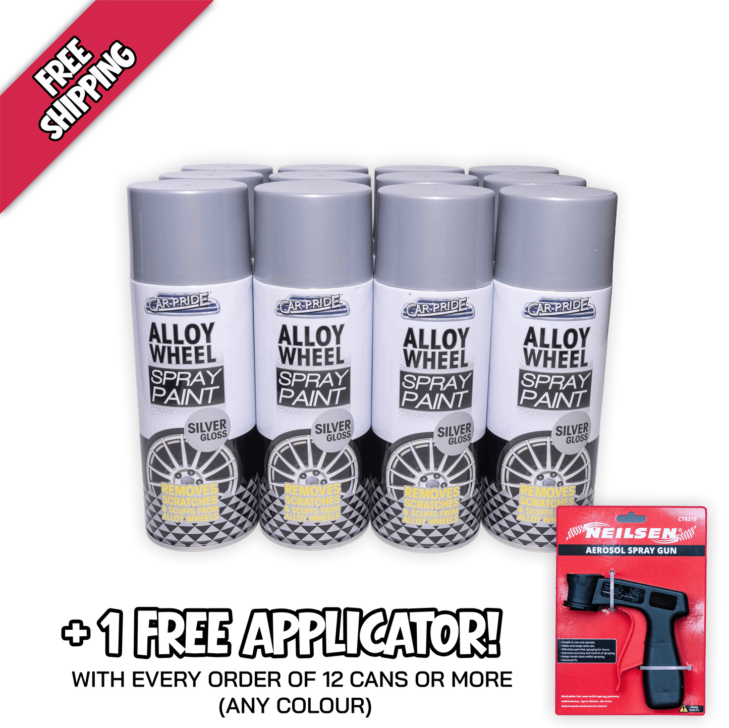 12 X Car Pride Alloy Silver Gloss Spray Paint 400ml – Fast Dry Wheel Paint for Alloy & Steel Rims