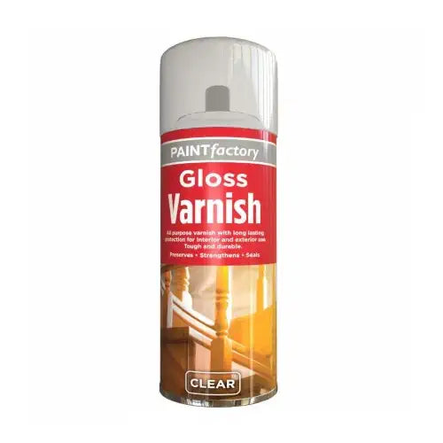 Paint Factory Clear Gloss Varnish Spray 400ml – Quick Dry Protective Finish for Wood, Metal & Furniture