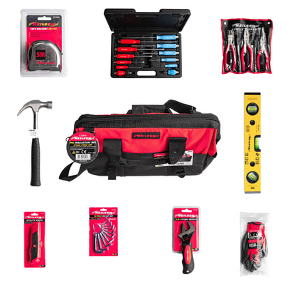 Ultimate 12pcs DIY & Tradesman Tool Kit – 12pcs Magnetic Screwdrivers Set, 3pc Pliers Set, 20oz Claw Hammer, Tape Measure, Spirit Level Laser, Tool Bag & More