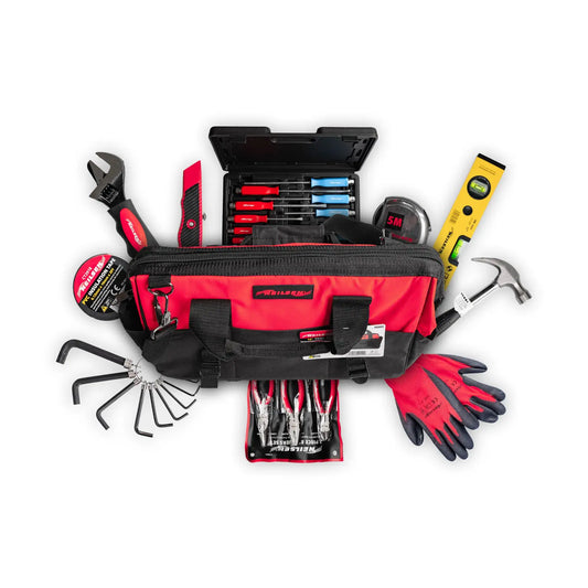 Ultimate 24pcs DIY & Tradesman Starter Tool Kit – 12pcs Magnetic Screwdrivers Set, 3pc Pliers Set, 20oz Claw Hammer, Tape Measure, Spirit Level Laser, Tool Bag & More