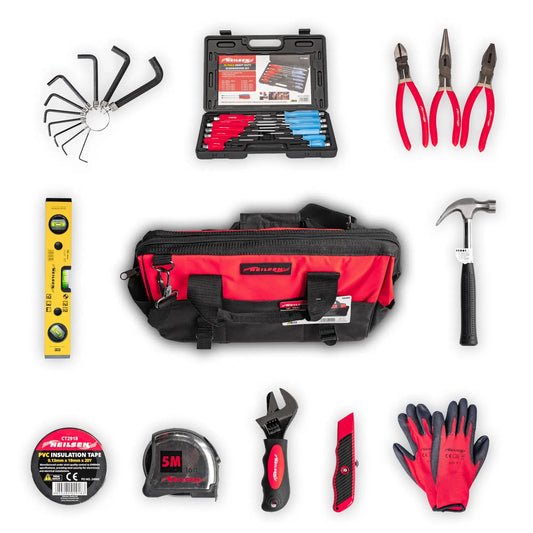 Ultimate 24pcs DIY & Tradesman Starter Tool Kit – 12pcs Magnetic Screwdrivers Set, 3pc Pliers Set, 20oz Claw Hammer, Tape Measure, Spirit Level Laser, Tool Bag & More