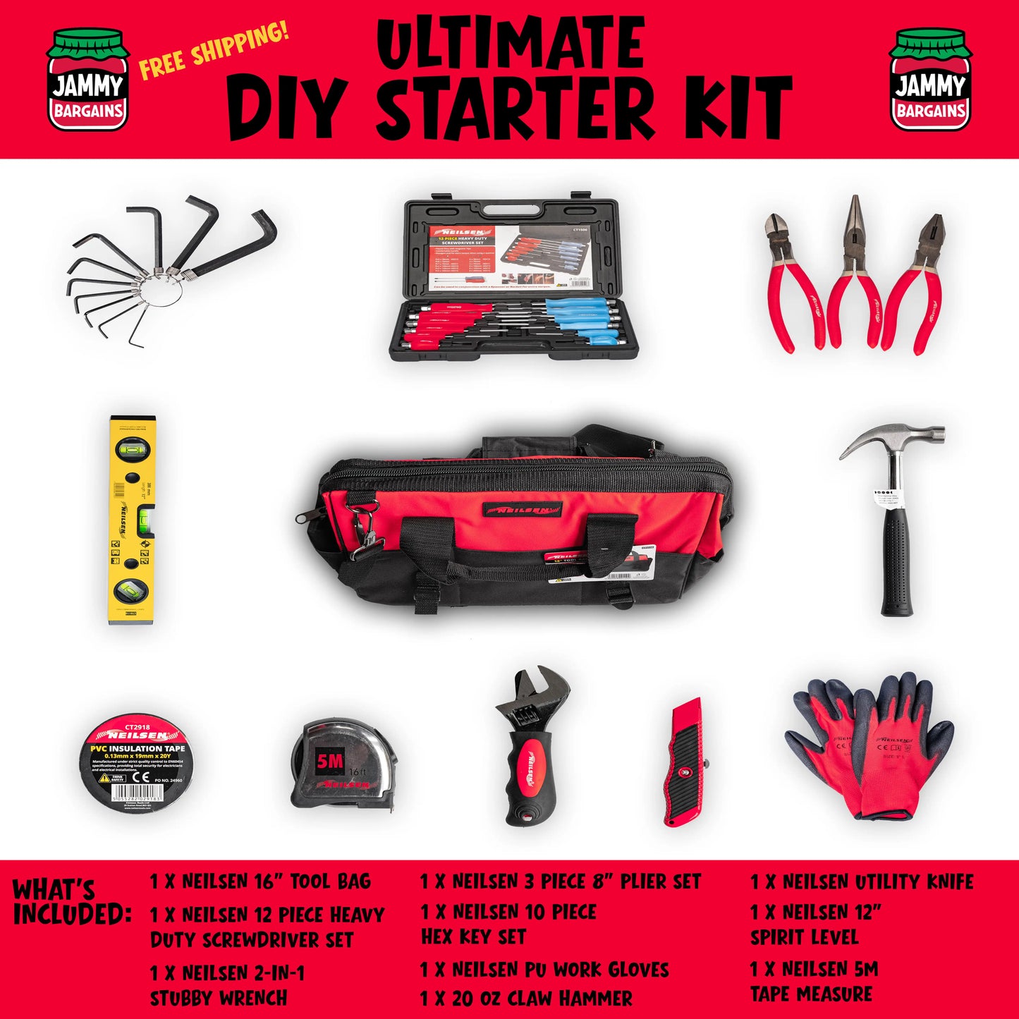 Ultimate 24pcs DIY & Tradesman Starter Tool Kit – 12pcs Magnetic Screwdrivers Set, 3pc Pliers Set, 20oz Claw Hammer, Tape Measure, Spirit Level Laser, Tool Bag & More