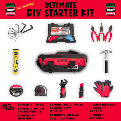 Ultimate 24pcs DIY & Tradesman Starter Tool Kit – 12pcs Magnetic Screwdrivers Set, 3pc Pliers Set, 20oz Claw Hammer, Tape Measure, Spirit Level Laser, Tool Bag & More