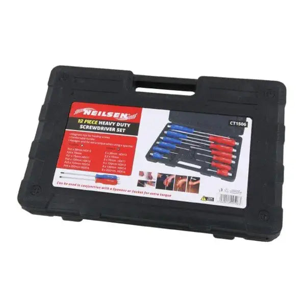 Neilsen 12 Piece Magnetic Screwdriver Set – Heavy Duty Pozi & Slotted Go-Through Drivers with Hex Tops in the box