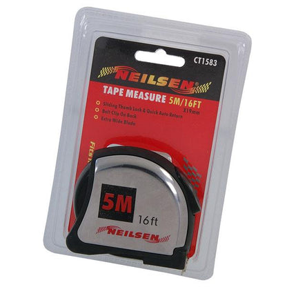 Neilsen Tape Measure 5m / 16ft CT1583 – Extra Wide Blade with Thumb Lock in packaging