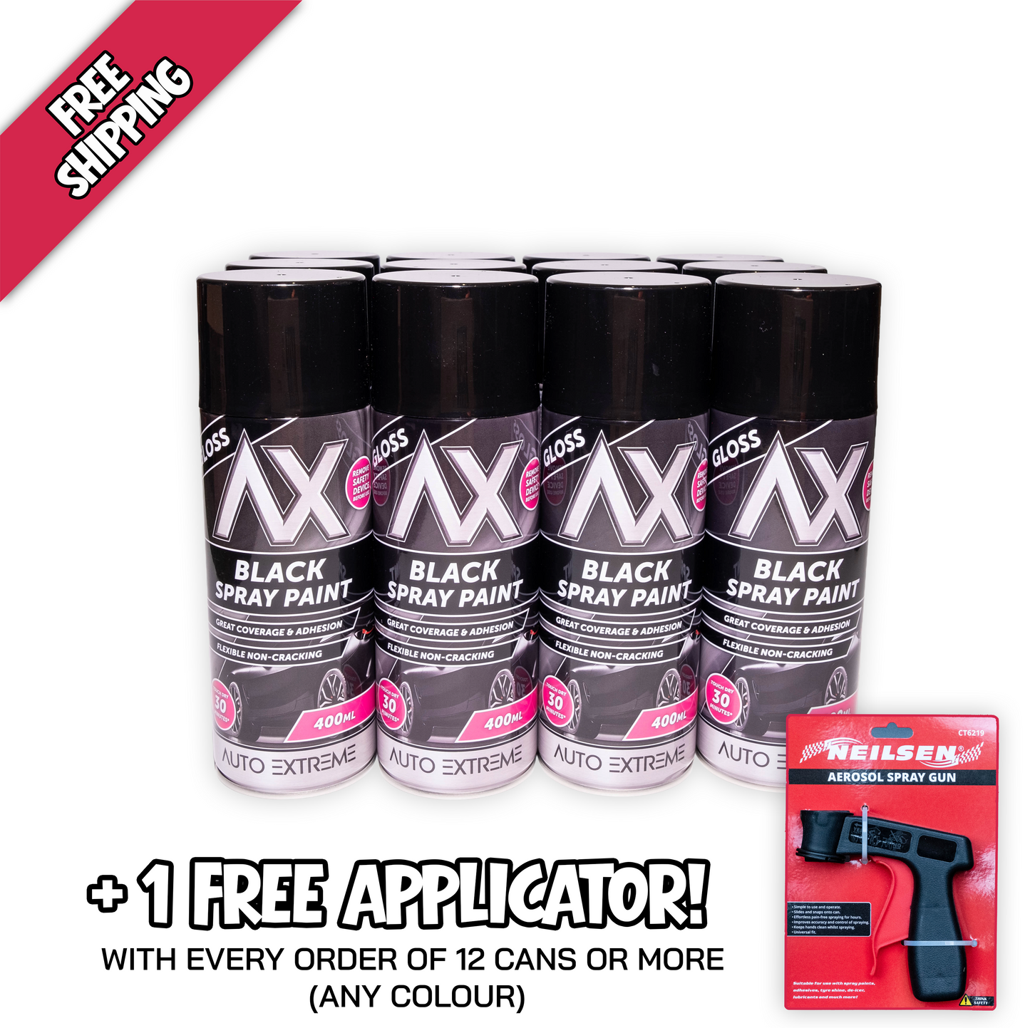 12 X Auto Extreme Professional Black Gloss Spray Paint 400ml | Automotive Aerosol Paint