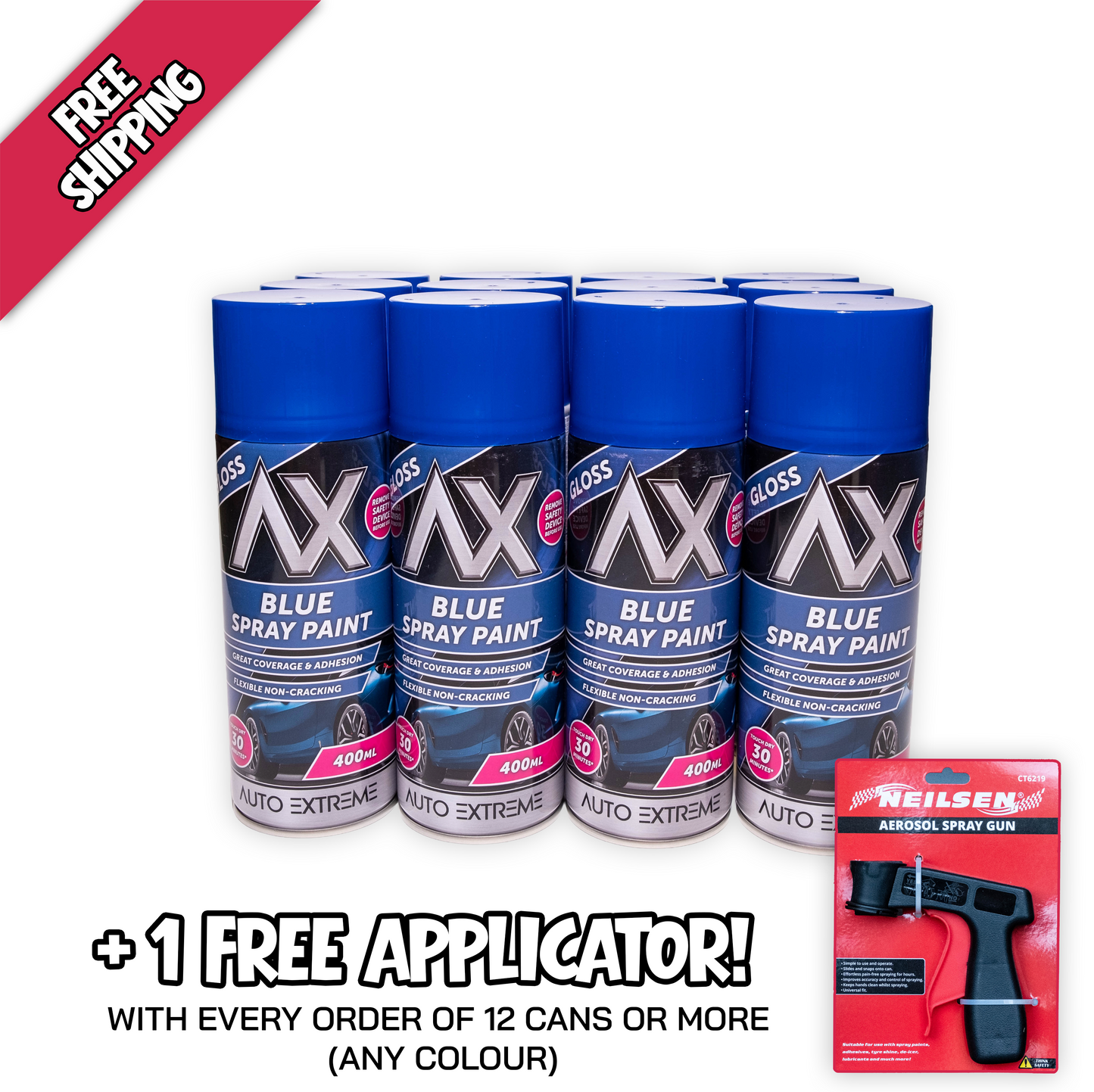 12 x AX Pro Spray Paint Blue Gloss 400ml Professional Aerosol Paint for Metal Wood Plastic & Automotive Use