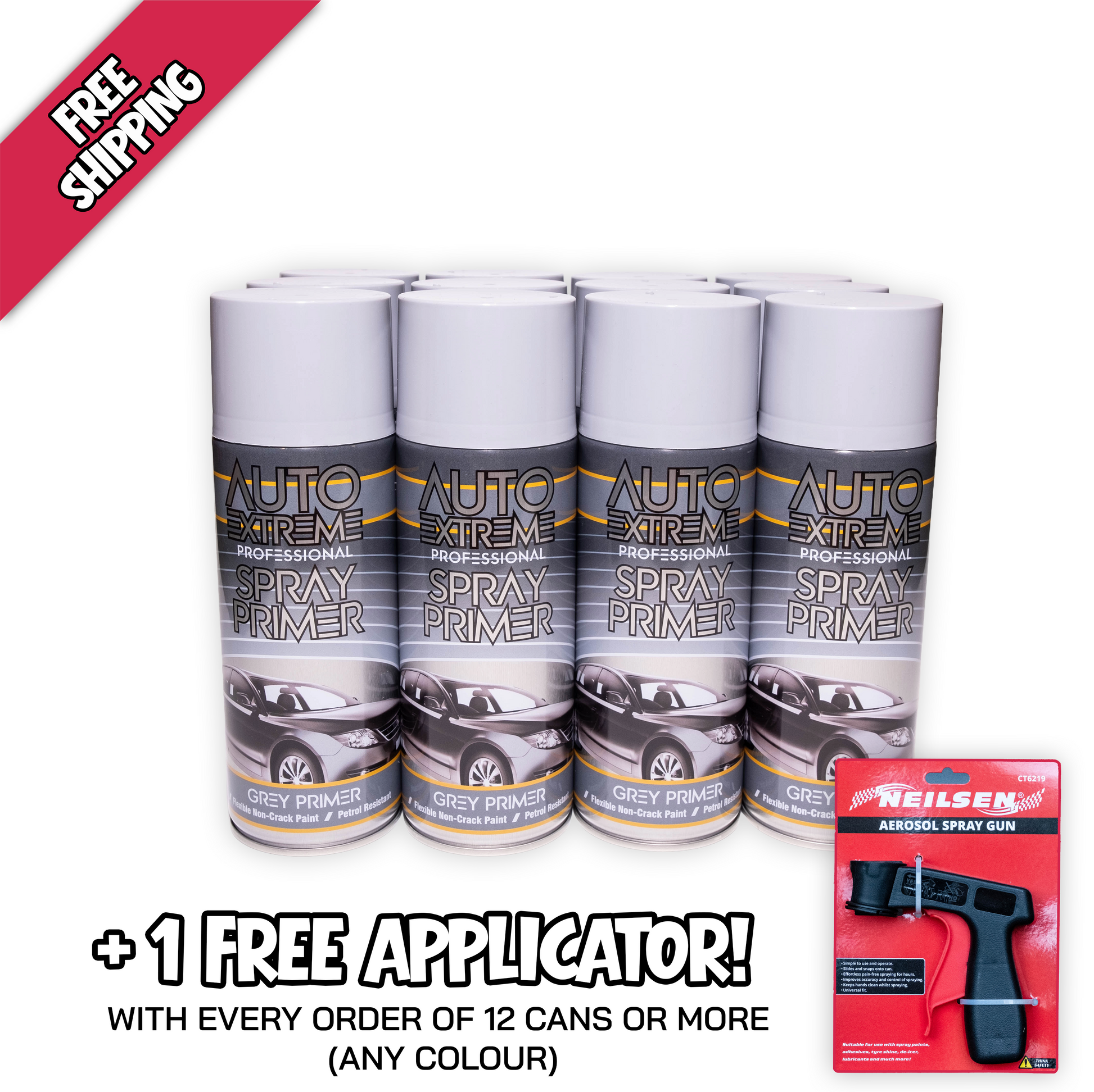 12 X Auto Extreme Professional Grey Primer Spray Paint 400ml Box of 12 Automotive Primer Cans