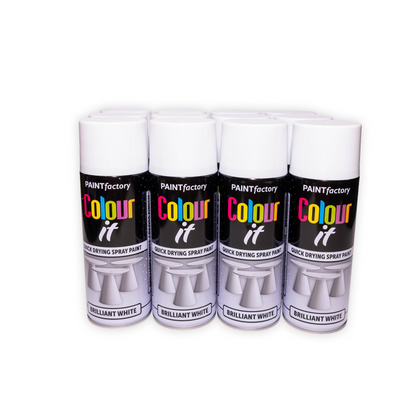 12 x Paint Factory Colour It Brilliant White Gloss Spray Paint 400ml Quick Dry Aerosol Paint for Wood Metal Plastic & DIY Projects