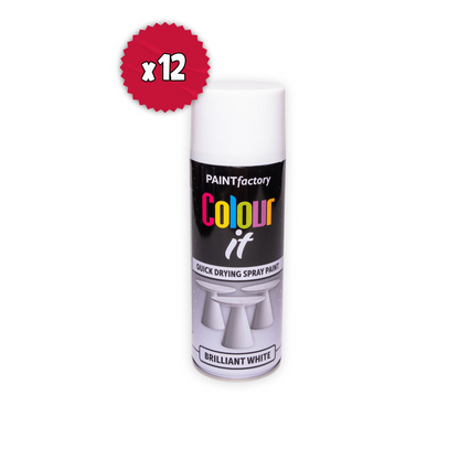 12 x Paint Factory Colour It Brilliant White Gloss Spray Paint 400ml Quick Dry Aerosol Paint for Wood Metal Plastic & DIY Projects