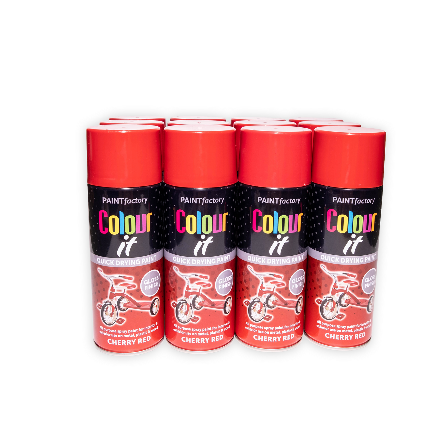 12 x Paint Factory Colour It Cherry Red Gloss Spray Paint 400ml Quick Dry Aerosol Paint for Wood Metal Plastic & DIY Projects