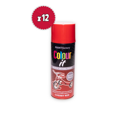 12 x Paint Factory Colour It Cherry Red Gloss Spray Paint 400ml Quick Dry Aerosol Paint for Wood Metal Plastic & DIY Projects
