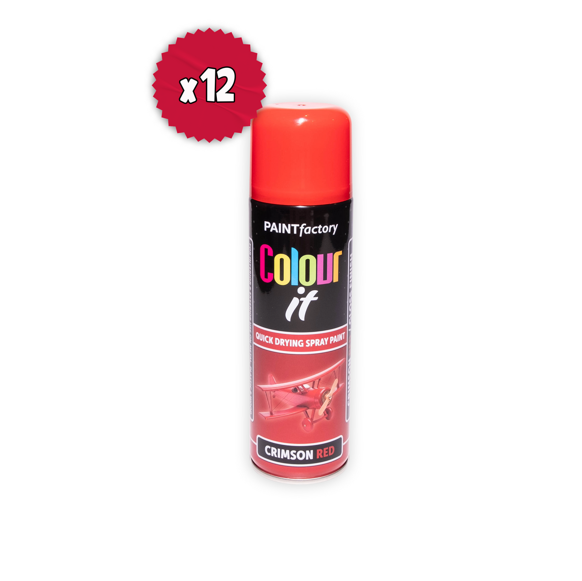 12 X Paint Factory Colour It Gloss Crimson Red Spray Paint 250ml | Multi Surface Aerosol Paint