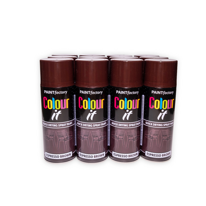 12 x Paint Factory Colour It Espresso Brown Gloss Spray Paint 400ml Quick Dry Aerosol Paint for Wood Metal Plastic & DIY Projects
