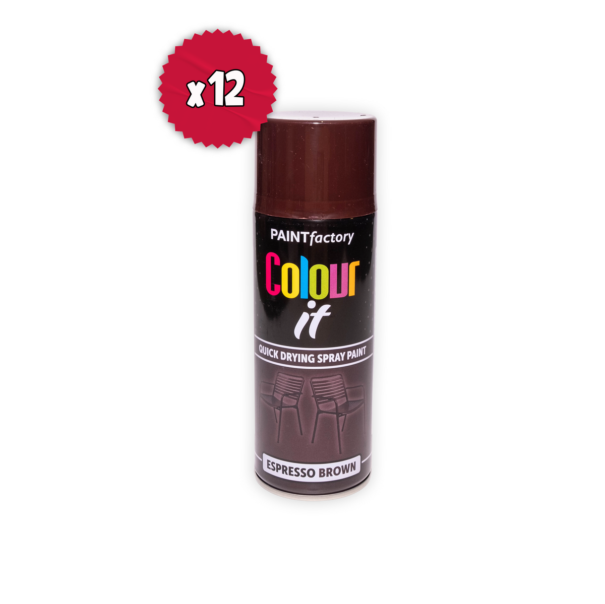 12 x Paint Factory Colour It Espresso Brown Gloss Spray Paint 400ml Quick Dry Aerosol Paint for Wood Metal Plastic & DIY Projects