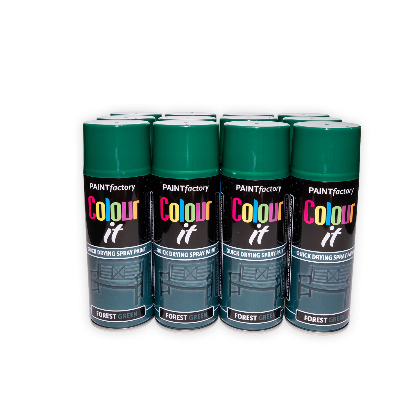 12 x Paint Factory Colour It Forest Green Gloss Spray Paint 400ml Quick Dry Aerosol Paint for Wood Metal Plastic & DIY Projects