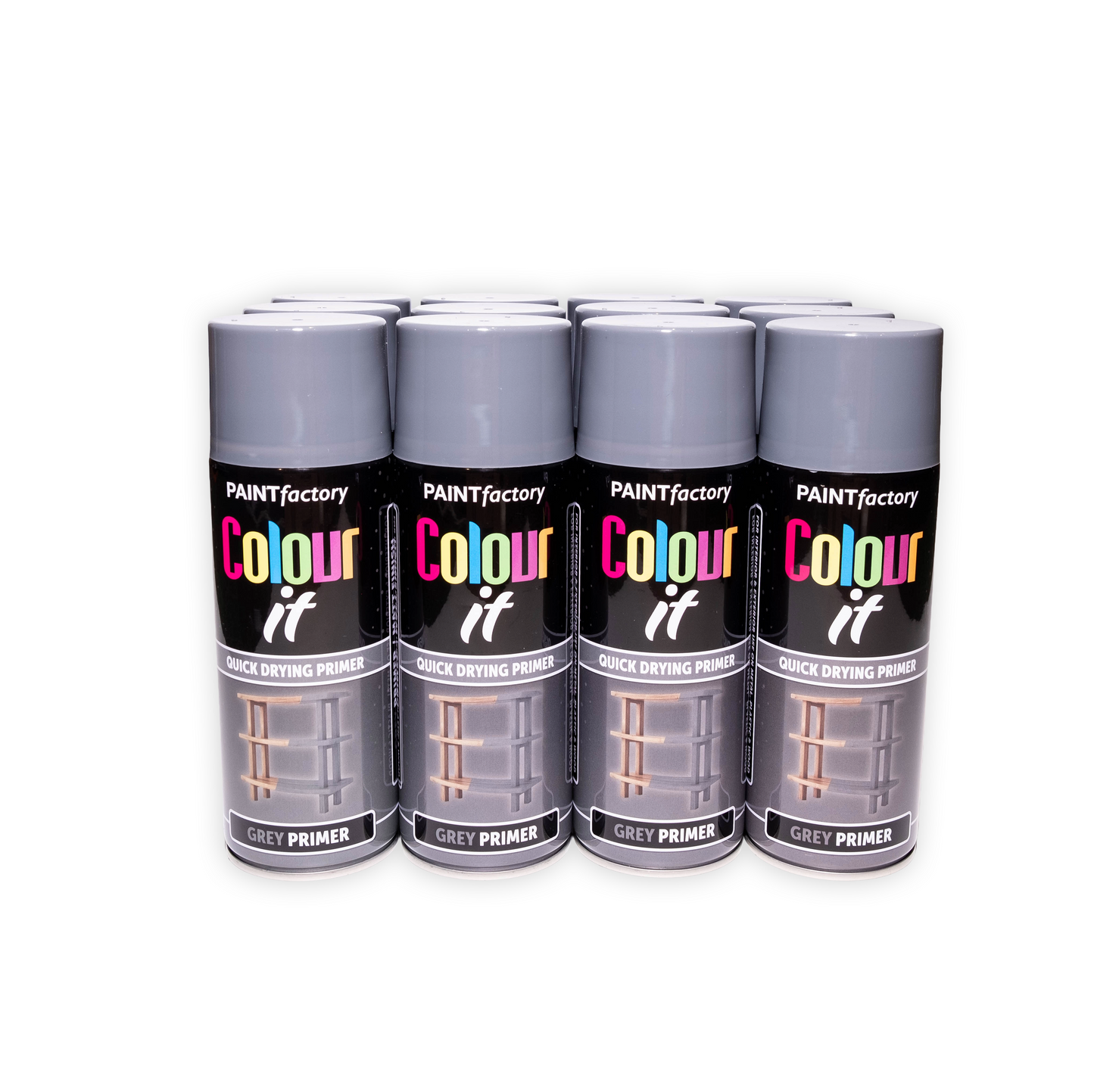 12 X Paint Factory Colour It Grey Primer Spray Paint 400ml Quick Dry Aerosol Primer for Wood Metal Plastic & DIY Projects