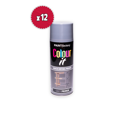 12 X Paint Factory Colour It Grey Primer Spray Paint 400ml Quick Dry Aerosol Primer for Wood Metal Plastic & DIY Projects