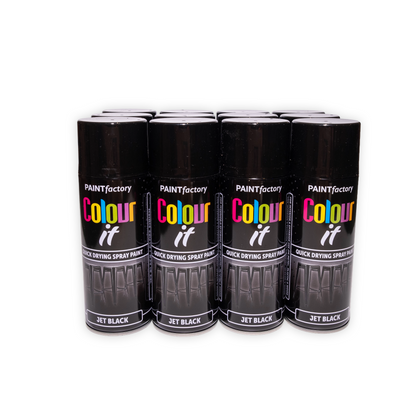 12 x Paint Factory Colour It Jet Black Gloss Spray Paint 400ml Quick Dry Aerosol Paint for Wood Metal Plastic & DIY Projects